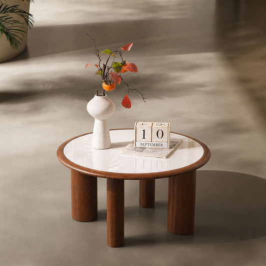 White Stone Top Wood-Trim 4-Leg Round Coffee Table