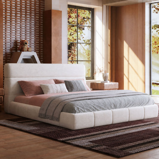 Boucle Puff Segmented Bed Double Headboard Cloud Style Wood Slats Cream Minimalist Assembly
