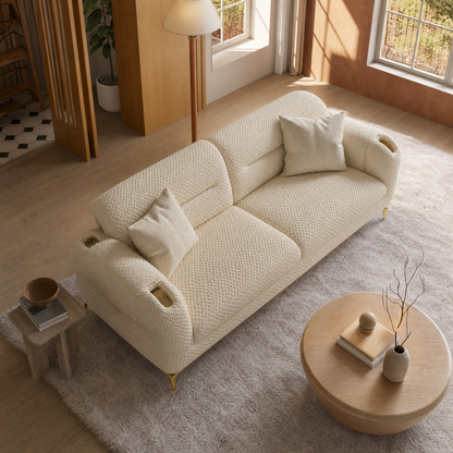 91-inch white textured 3-seater modular sofa, boucle fabric with two cushions, metal and wood frame, capable of supporting 2000 pounds, modern and luxurious living room apartment sofa