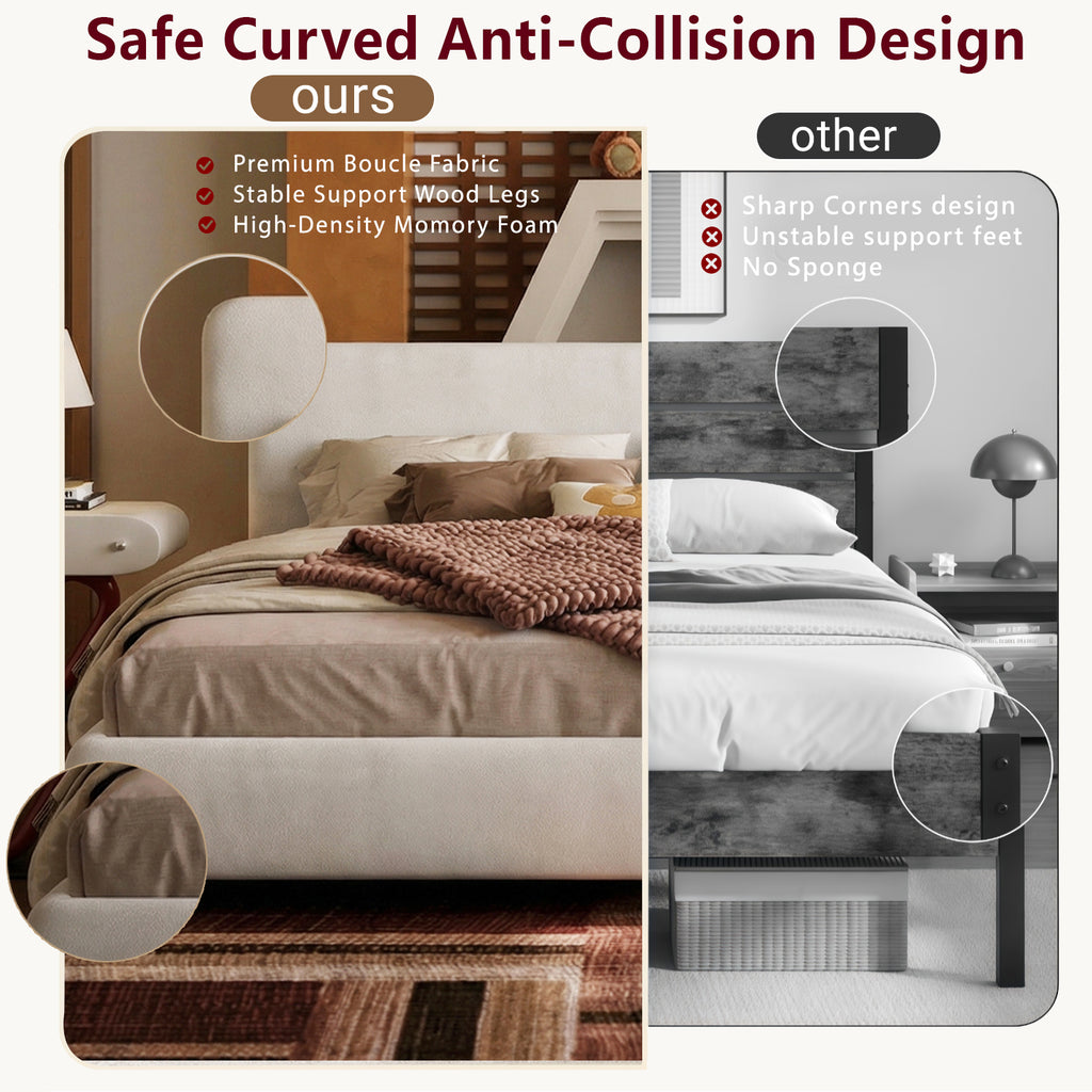 Queen Size Boucle Cloud-Feel Bed Frame, White Upholstered Platform Bed with Soft Headboard, Solid Wood Legs, No Box Spring Required, Easy Assembly
