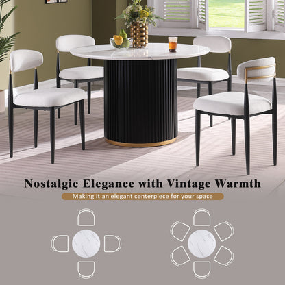 46 Inch Round Faux Marble Dining Table, MDF Base with Black Wave Design and Gold Accent - Seats 4 for Kitchen & Dining Room