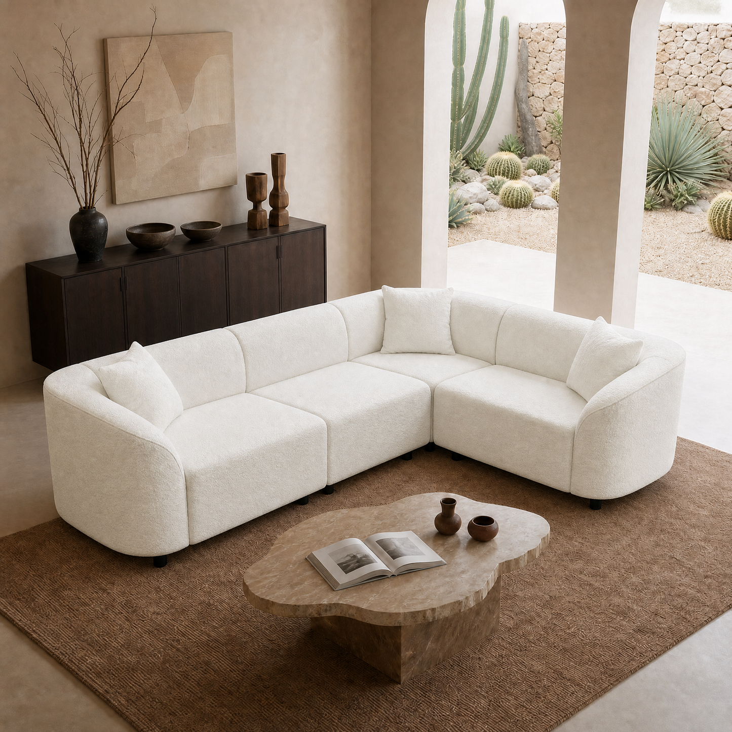 Modular curved L-shaped sectional sofa, white sheepskin cloud sofa with cushions, 2000-pound heavy-duty durable living room sofa, suitable for spacious living rooms or villas, easy to assemble