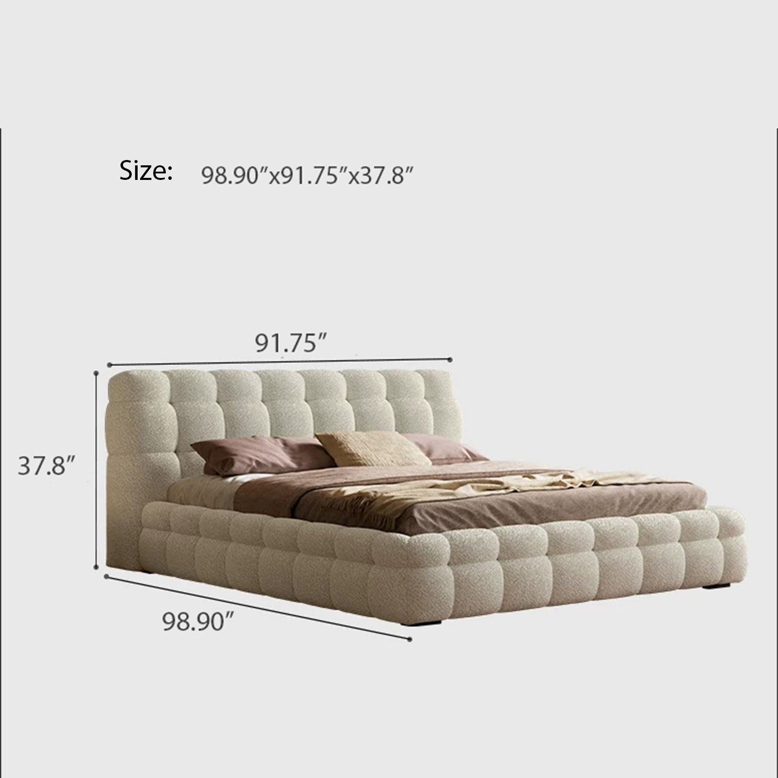 Queen Size Boucle Bed Frame, Modern Cloud-Feel Bed with Tufted Headboard, White Teddy Fleece Upholstered Platform Bed, No Box Spring Needed