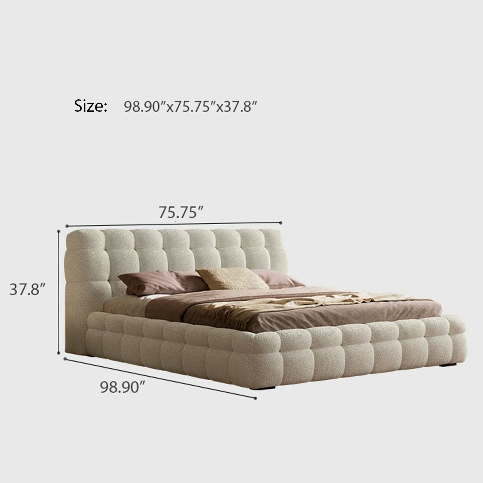 Queen Size Boucle Bed Frame, Modern Cloud-Feel Bed with Tufted Headboard, White Teddy Fleece Upholstered Platform Bed, No Box Spring Needed