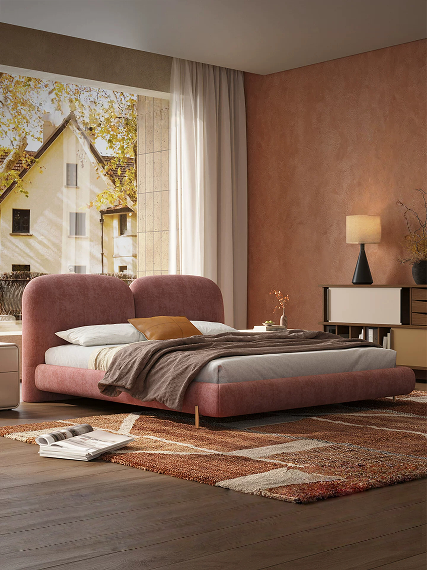 Queen Size Cloud Bed Frame, Mid-Century Modern Upholstered Bed with Soft Chenille Fabric, Low Profile Platform Bed with Curved Double Headboard