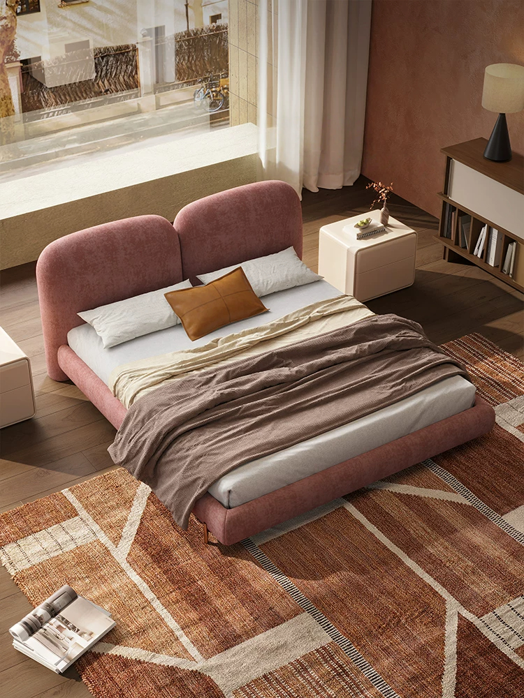 Queen Size Cloud Bed Frame, Mid-Century Modern Upholstered Bed with Soft Chenille Fabric, Low Profile Platform Bed with Curved Double Headboard