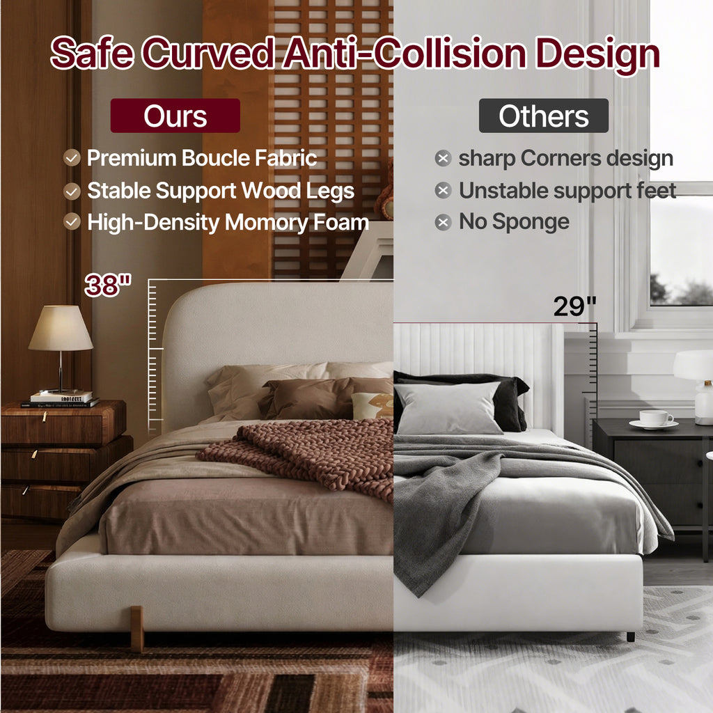Cloud-Feel Bed– King Size, White Upholstered Platform Bed Frame with Soft Headboard & Wood Solid Legs, for Bedroom Apartment