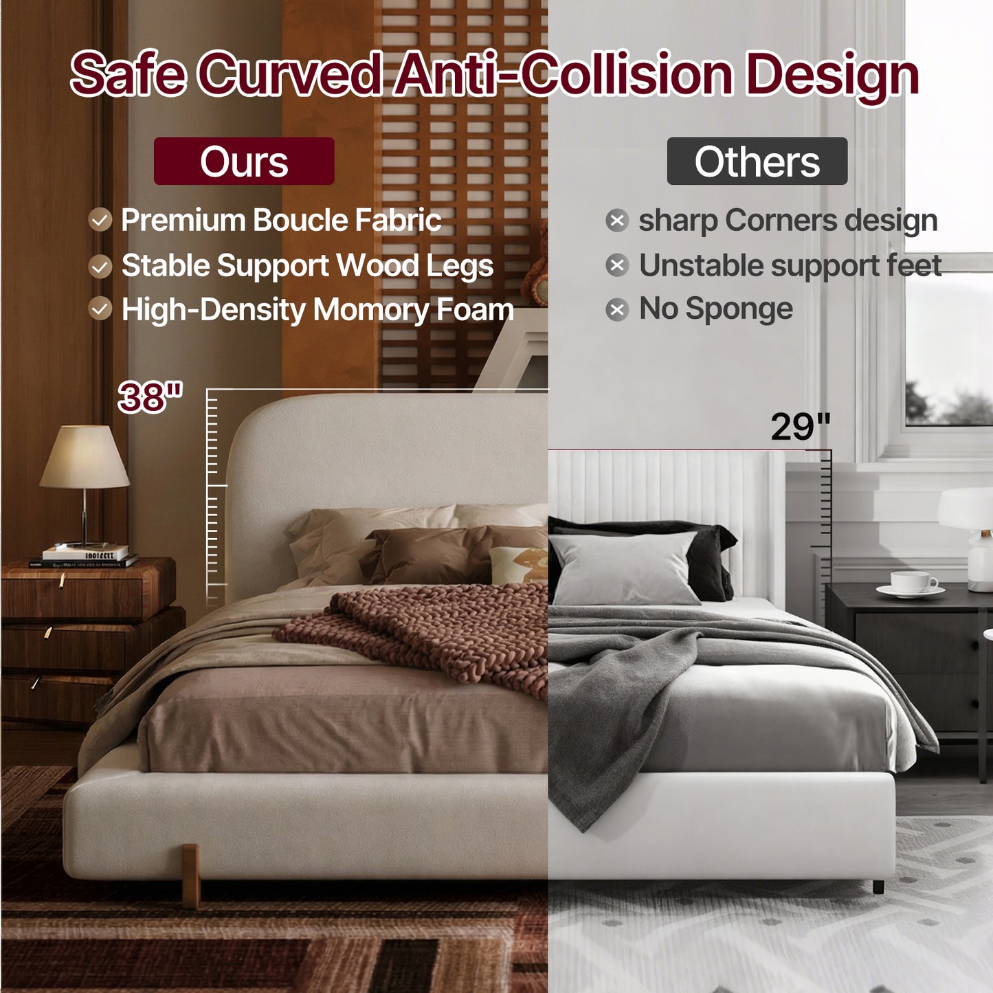 Boucle Cloud-Feel Bed– King Size,  Wood Solid Legs