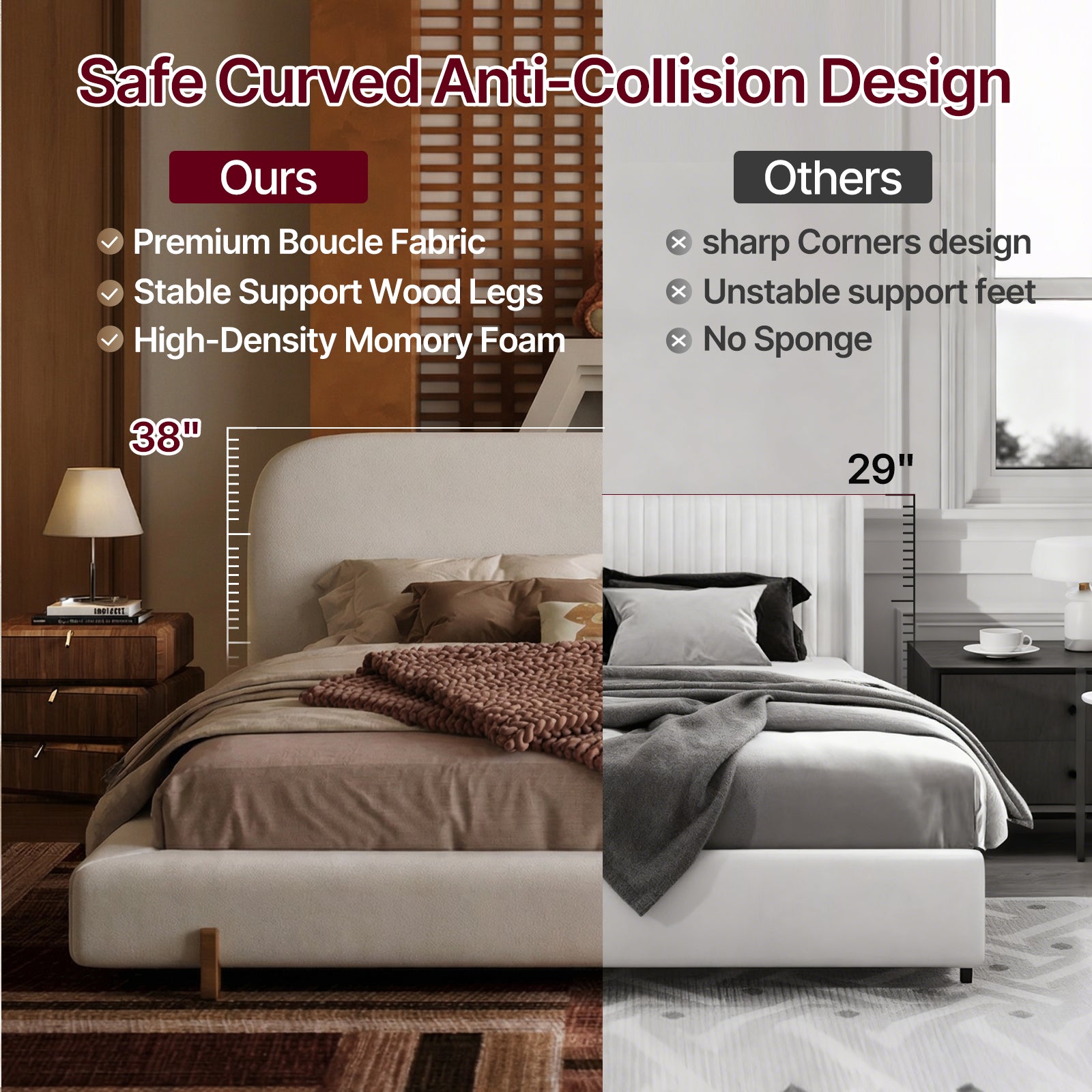 Cloud-Feel Bed– King Size, White Upholstered Platform Bed Frame with Soft Headboard & Wood Solid Legs, for Bedroom Apartment