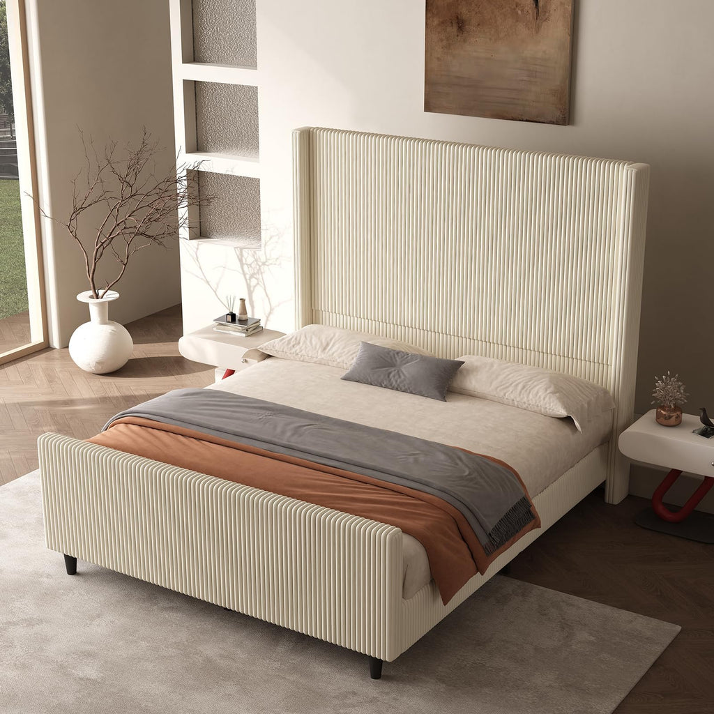 50.7" High Wingback Bed Frame, Queen Size Upholstered Cloud-Feel Platform with Corduroy Fabric & Solid Metal Legs, No Box Spring Needed