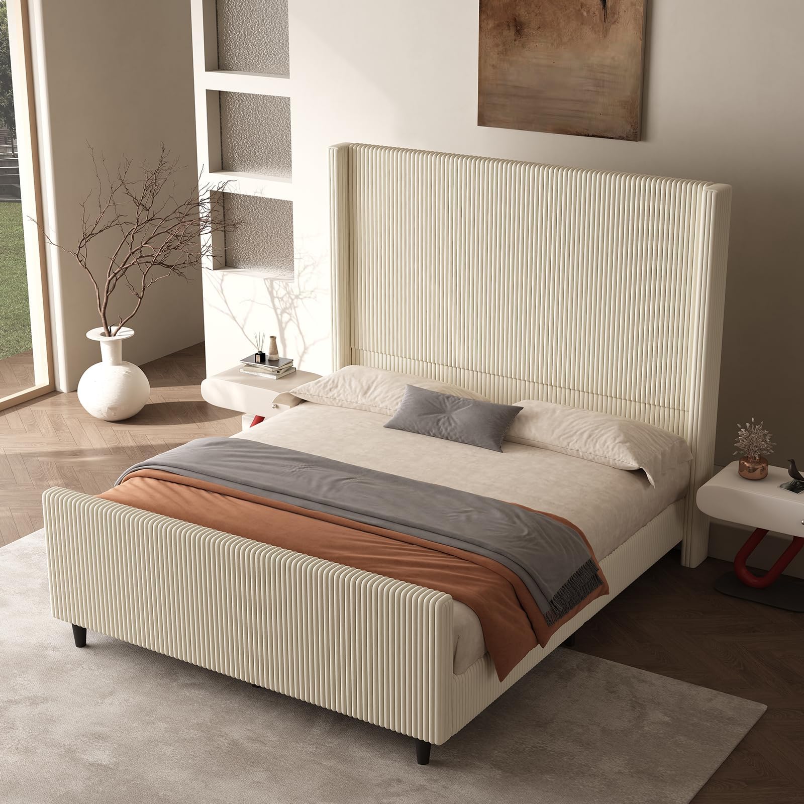 50.7" High Wingback Bed Frame, Queen Size Upholstered Cloud-Feel Platform with Corduroy Fabric & Solid Metal Legs, No Box Spring Needed