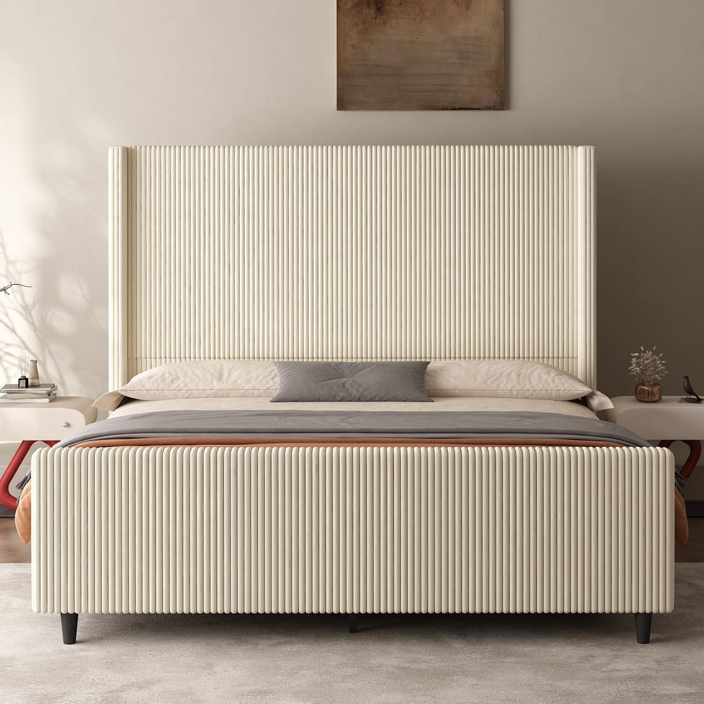 50.7" High Wingback Bed Frame, Queen Size Upholstered Cloud-Feel Platform with Corduroy Fabric & Solid Metal Legs, No Box Spring Needed