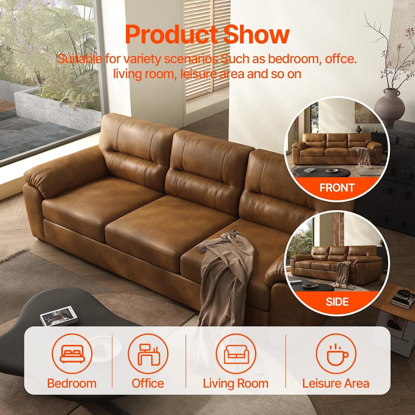 air Leather Couch 82 inch for Living Room Three Seater Comfortable Sofa, Leather Sofa, Modern mid-Century Vintage Brown for Office Meeting Room Apartment
