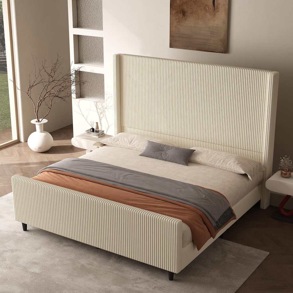 50.7" High Wingback Bed Frame, Queen Size Upholstered Cloud-Feel Platform with Corduroy Fabric & Solid Metal Legs, No Box Spring Needed