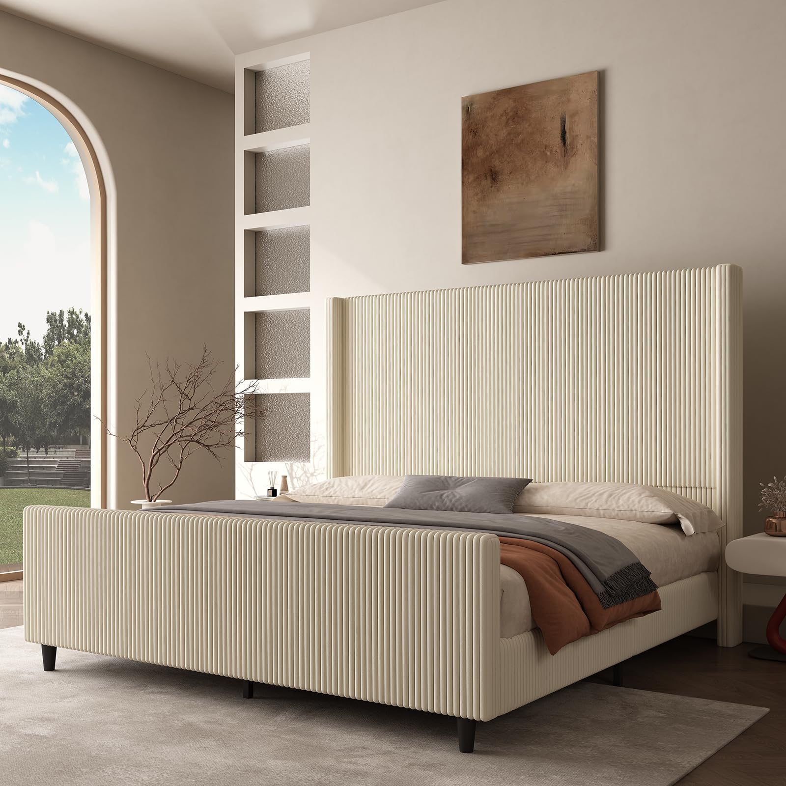 50.7" High Wingback Bed Frame, Queen Size Upholstered Cloud-Feel Platform with Corduroy Fabric & Solid Metal Legs, No Box Spring Needed