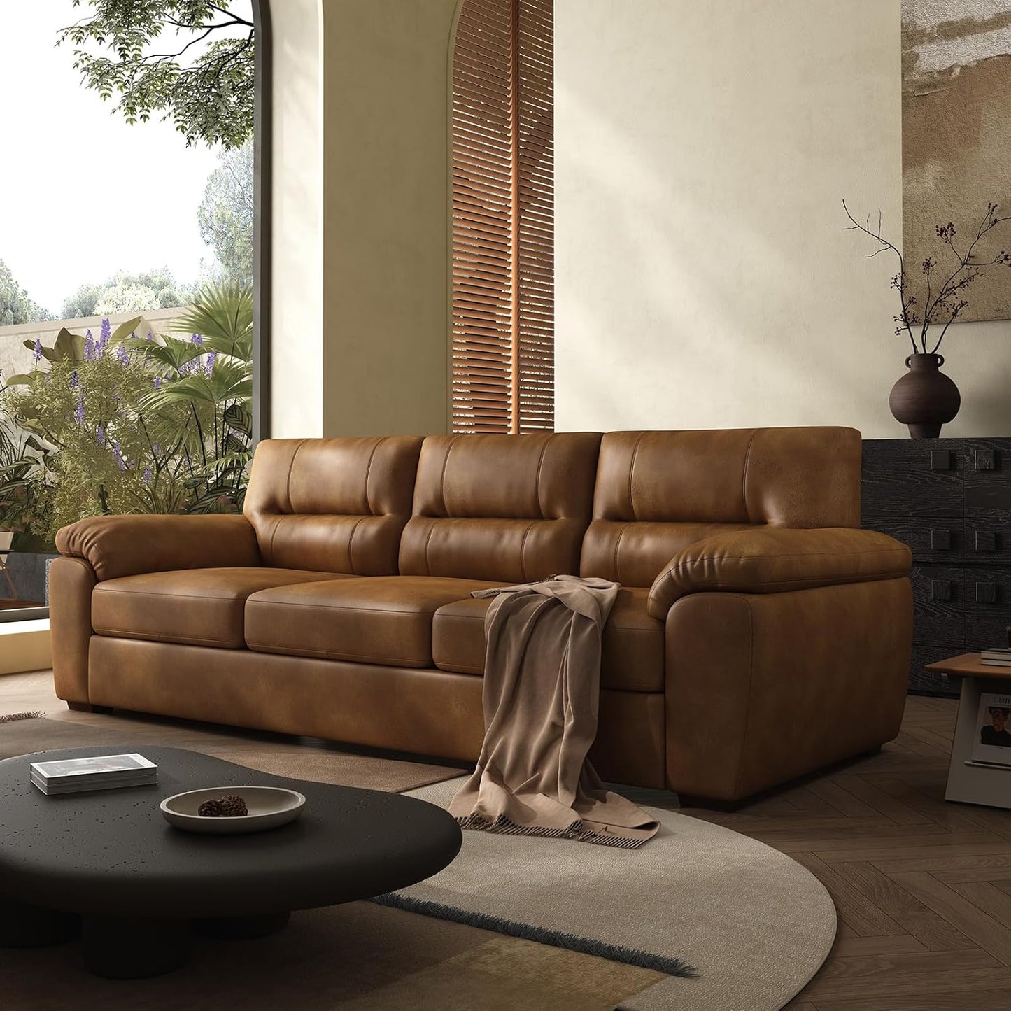 air Leather Couch 82 inch for Living Room Three Seater Comfortable Sofa, Leather Sofa, Modern mid-Century Vintage Brown for Office Meeting Room Apartment