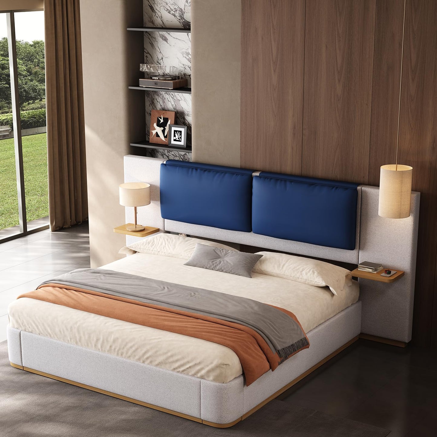 Modern Minimal Side Shelf Cloud Plush Boucle Queen Bed Frame