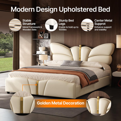 Queen Size Upholstered PU Leather Bed Frame with Butterfly Headboard and Footboard, Modern Platform Bed with Gold Metal Accents