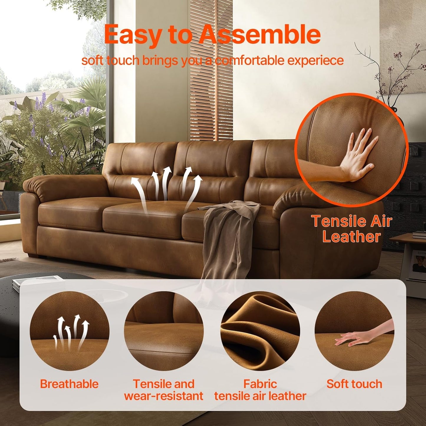 air Leather Couch 82 inch for Living Room Three Seater Comfortable Sofa, Leather Sofa, Modern mid-Century Vintage Brown for Office Meeting Room Apartment