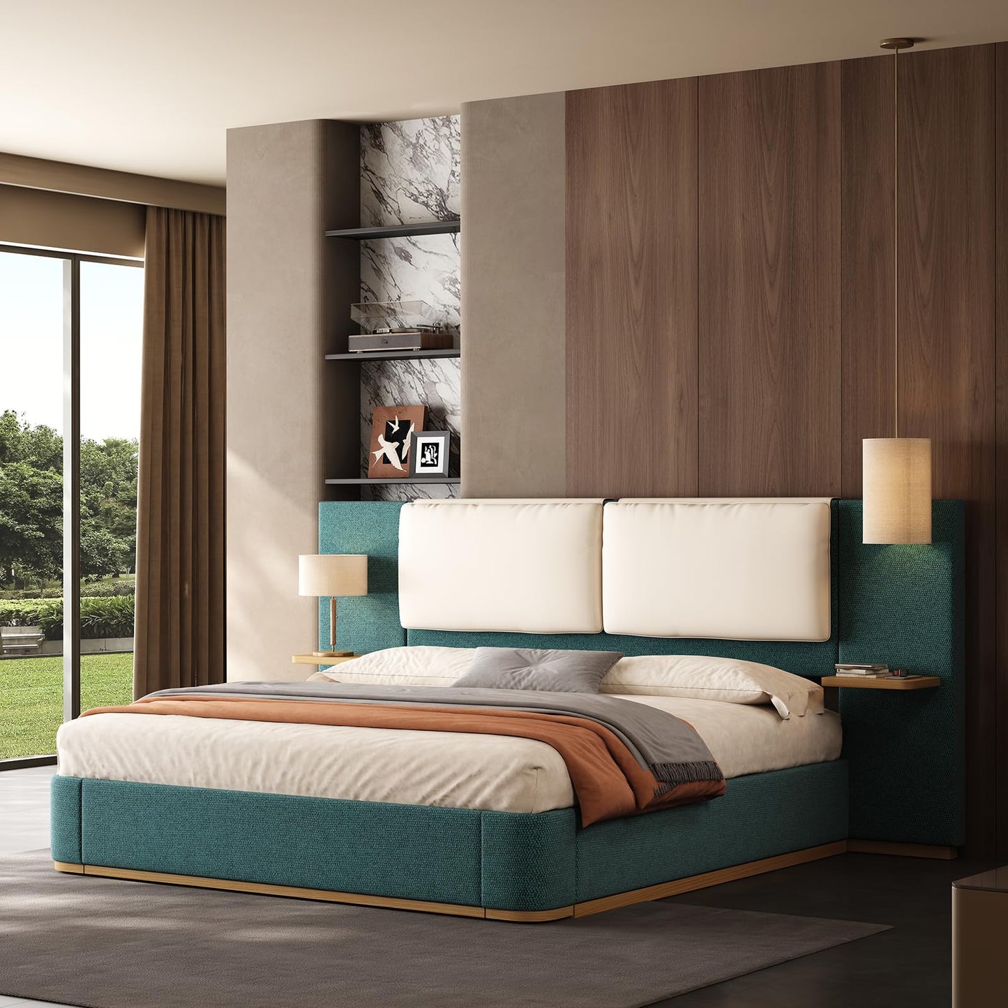 Modern Minimal Side Shelf Cloud Plush Boucle Queen Bed Frame