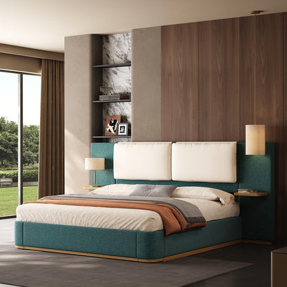 Modern Minimal Side Shelf Cloud Plush Boucle Queen Bed Frame