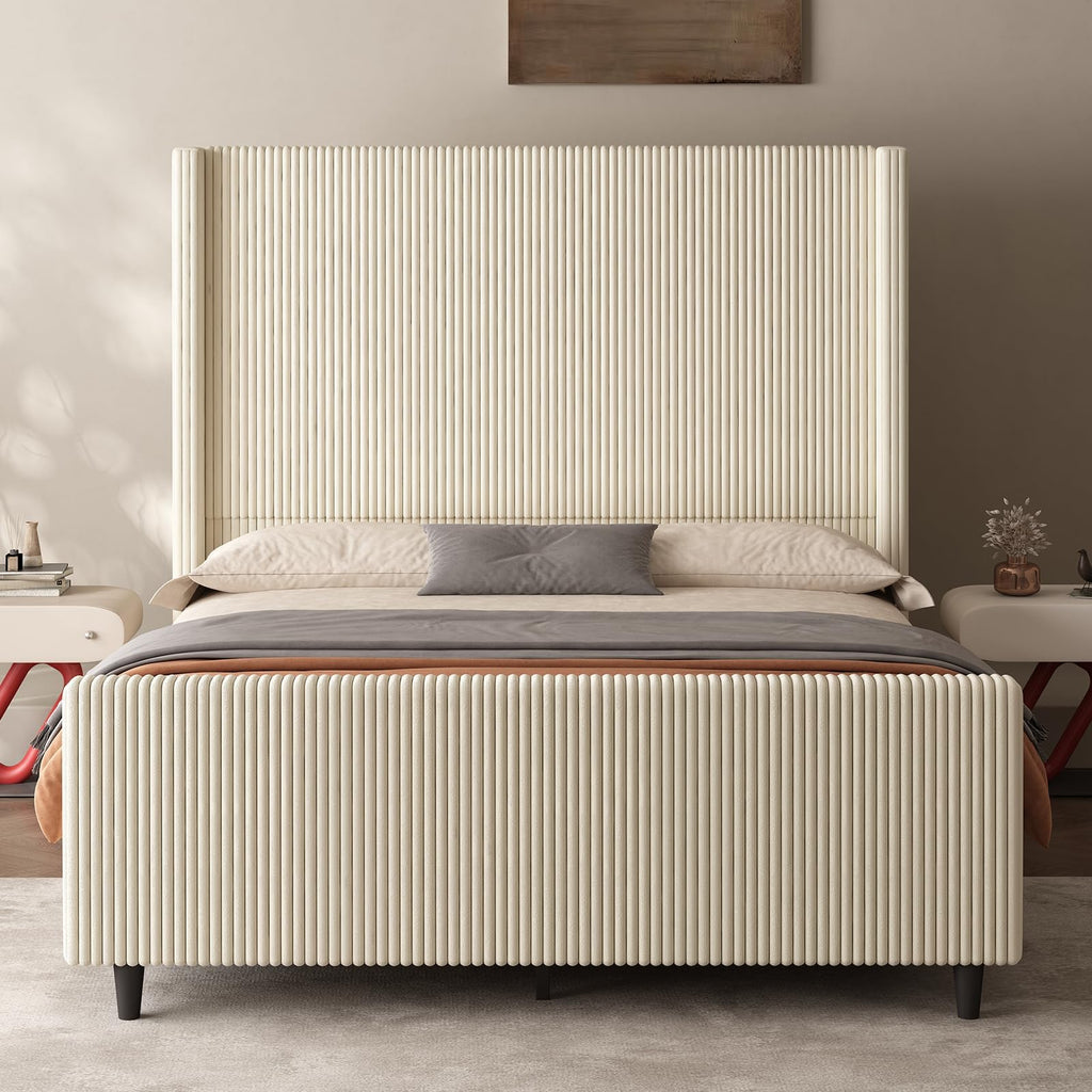 50.7" High Wingback Bed Frame, Queen Size Upholstered Cloud-Feel Platform with Corduroy Fabric & Solid Metal Legs, No Box Spring Needed