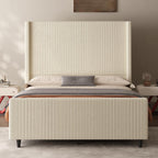 50.7" High Wingback Bed Frame, Queen Size Upholstered Cloud-Feel Platform with Corduroy Fabric & Solid Metal Legs, No Box Spring Needed