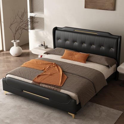 Queen Size Faux Leather Upholstered Platform Bed Frame, Modern Bed with Golden Iron Metal Decor, Metal Legs & Solid Wood Slats Support, No Box Spring Needed