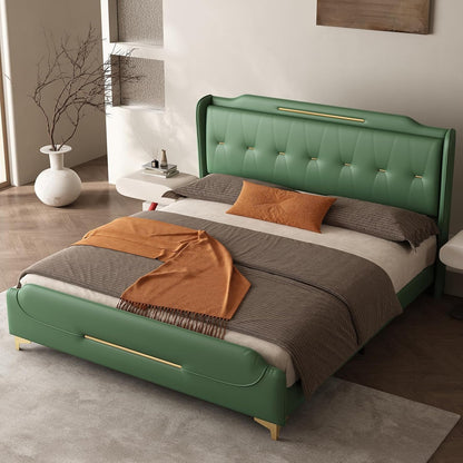 Queen Size Faux Leather Upholstered Platform Bed Frame, Modern Bed with Golden Iron Metal Decor, Metal Legs & Solid Wood Slats Support, No Box Spring Needed