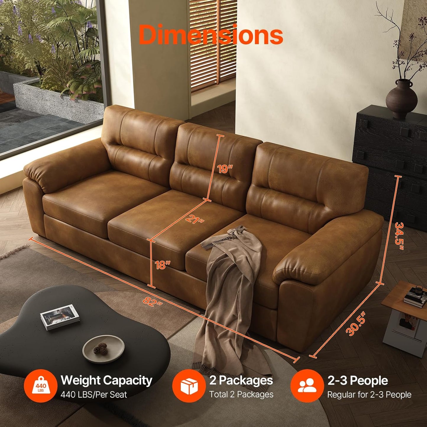 air Leather Couch 82 inch for Living Room Three Seater Comfortable Sofa, Leather Sofa, Modern mid-Century Vintage Brown for Office Meeting Room Apartment