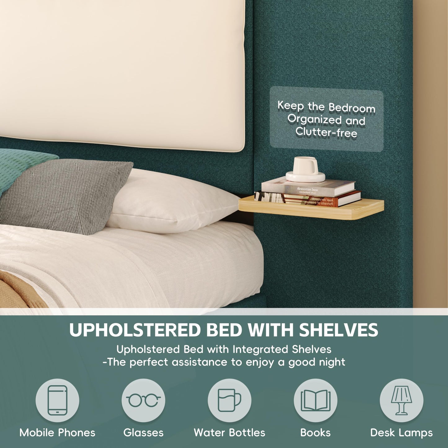 Modern Minimal Side Shelf Cloud Plush Boucle Queen Bed Frame