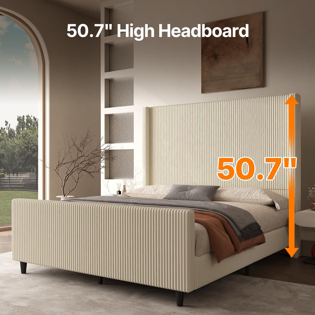 50.7" High Wingback Bed Frame, Queen Size Upholstered Cloud-Feel Platform with Corduroy Fabric & Solid Metal Legs, No Box Spring Needed