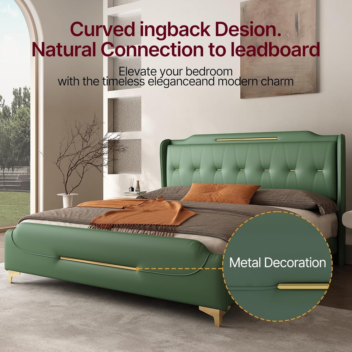 Queen Size Faux Leather Upholstered Platform Bed Frame, Modern Bed with Golden Iron Metal Decor, Metal Legs & Solid Wood Slats Support, No Box Spring Needed