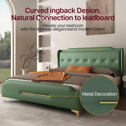Queen Size Faux Leather Upholstered Platform Bed Frame, Modern Bed with Golden Iron Metal Decor, Metal Legs & Solid Wood Slats Support, No Box Spring Needed