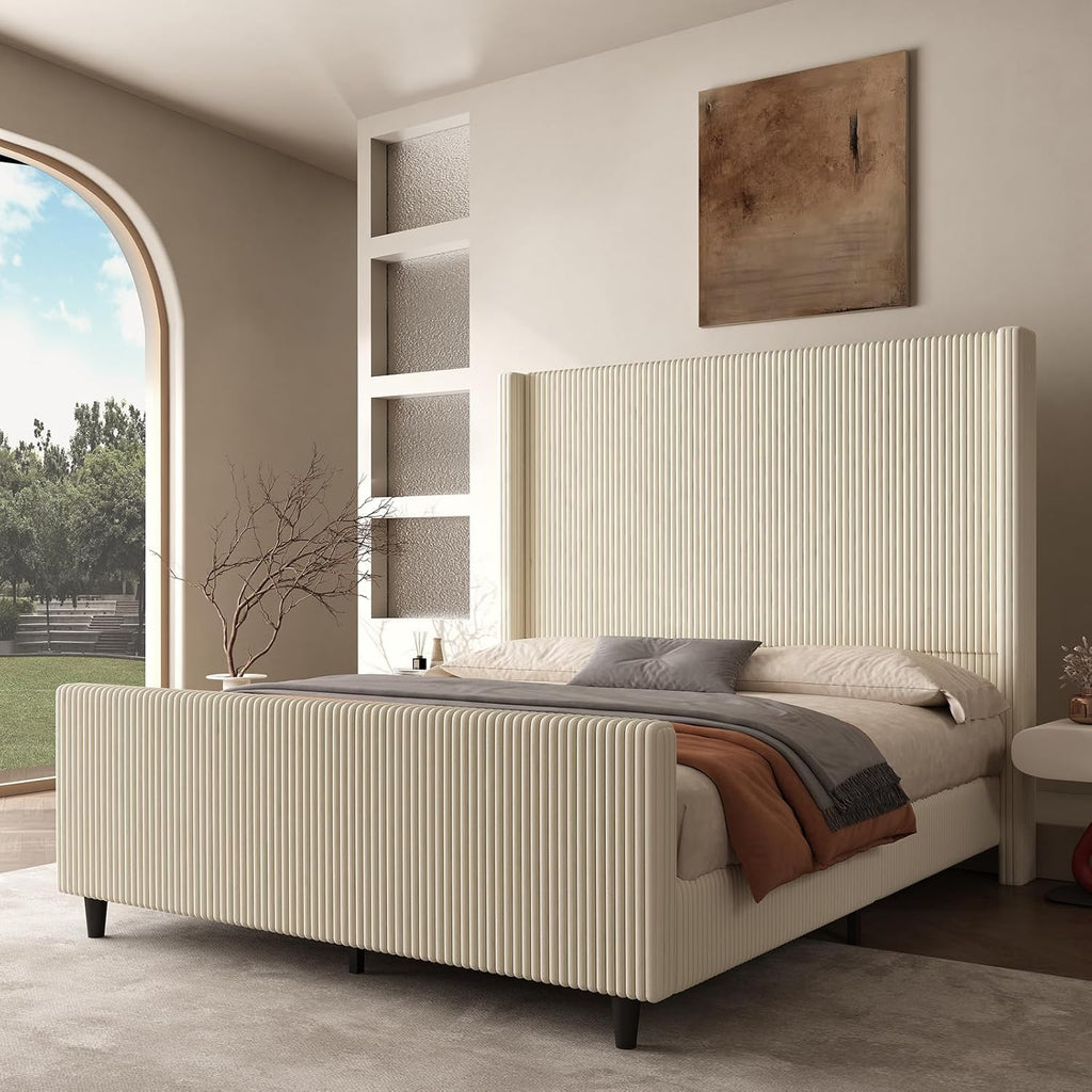 50.7" High Wingback Bed Frame, Queen Size Upholstered Cloud-Feel Platform with Corduroy Fabric & Solid Metal Legs, No Box Spring Needed