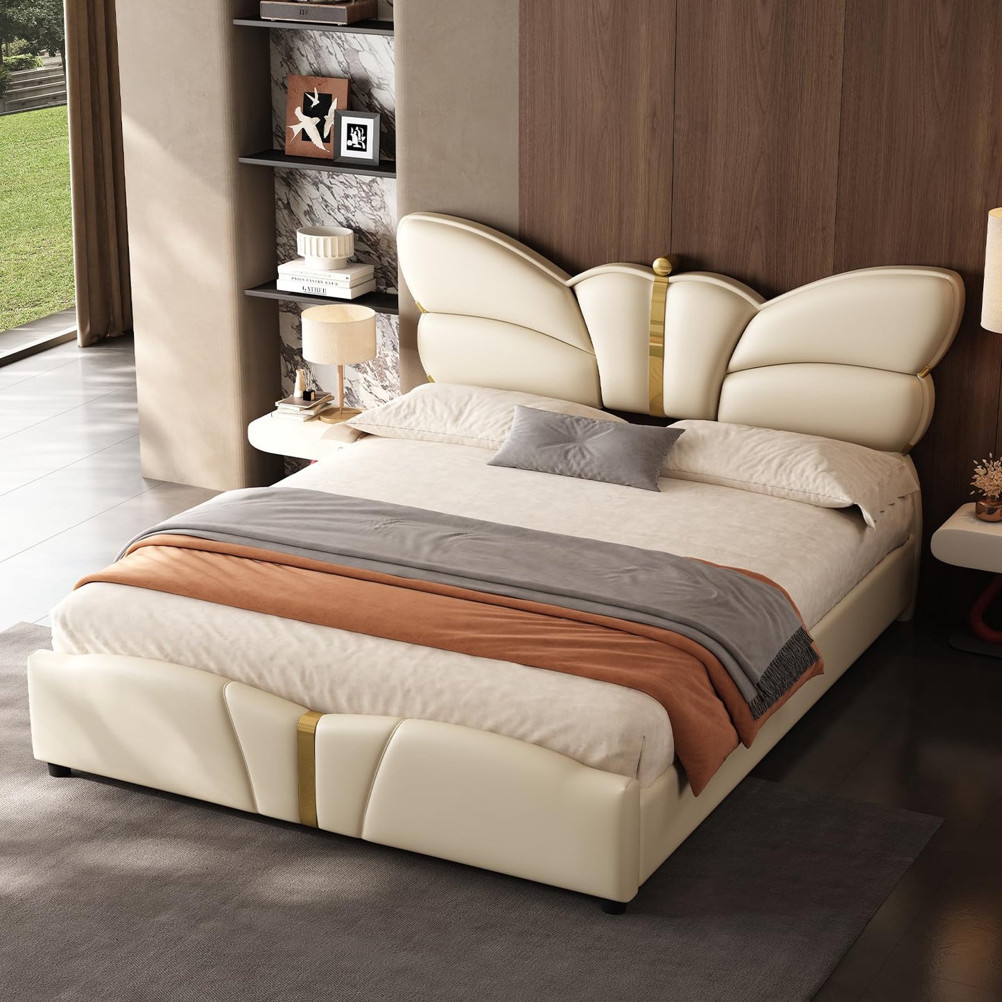 Queen Size Upholstered PU Leather Bed Frame with Butterfly Headboard and Footboard, Modern Platform Bed with Gold Metal Accents