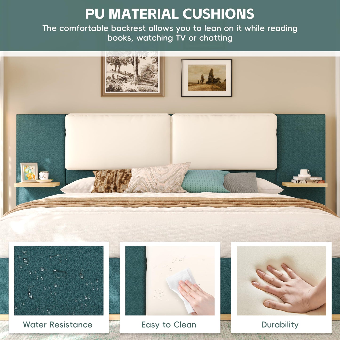 Modern Minimal Side Shelf Cloud Plush Boucle Queen Bed Frame