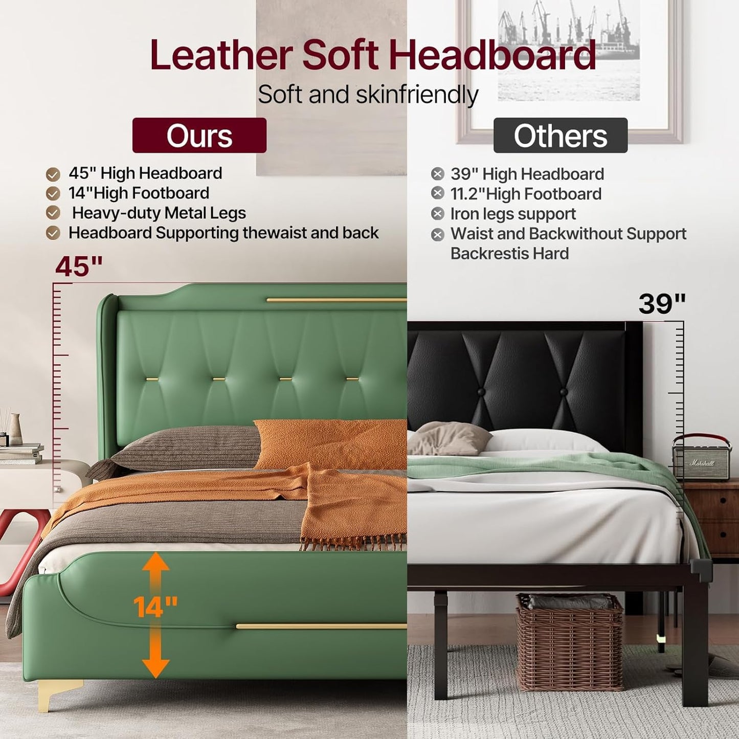 Queen Size Faux Leather Upholstered Platform Bed Frame, Modern Bed with Golden Iron Metal Decor, Metal Legs & Solid Wood Slats Support, No Box Spring Needed