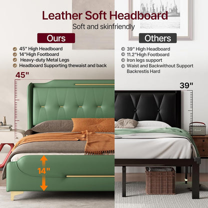 Queen Size Faux Leather Upholstered Platform Bed Frame, Modern Bed with Golden Iron Metal Decor, Metal Legs & Solid Wood Slats Support, No Box Spring Needed