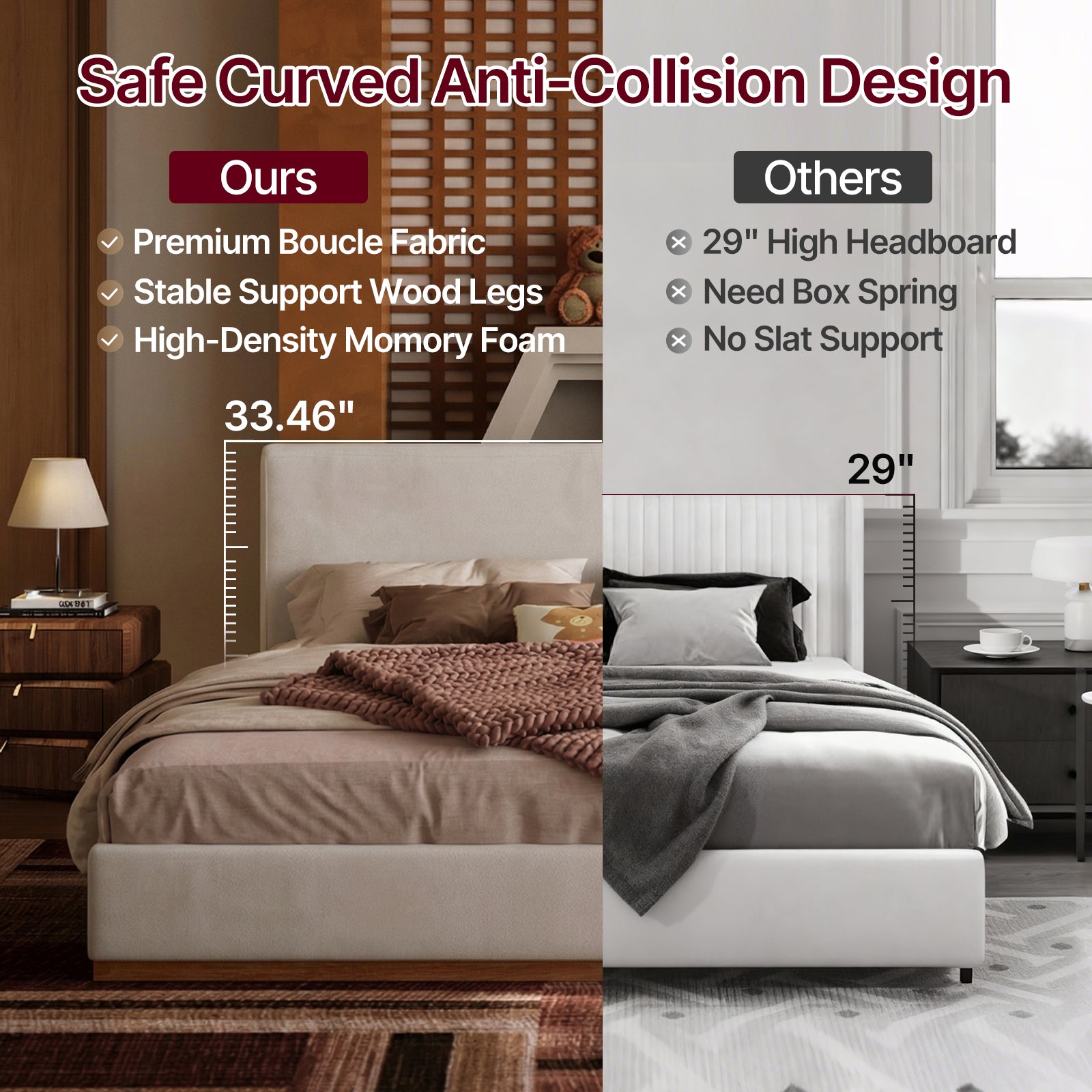 Modern Cloud-Feel Bed– Queen Size, Platform Bed with Soft Thick Headboard,Block White Fabric Upholstered Bed with Nice Wood Grain Textured Solid Wood Base Frame