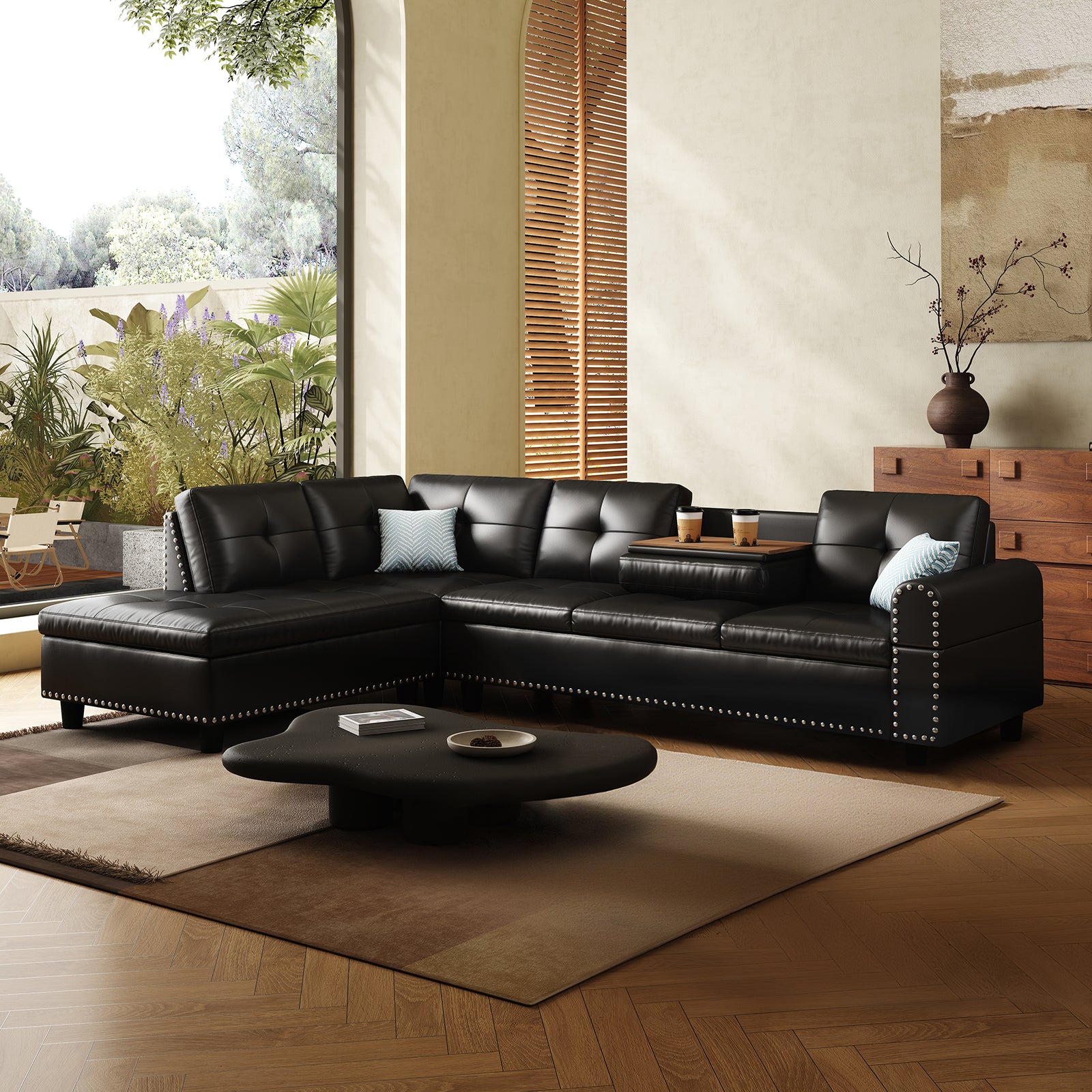 98" Leather Couch L-Shaped Modular – Convertible Sectional Couch with Movable Chaise, Multi-Scene Use for Living Room, Apartment & Office