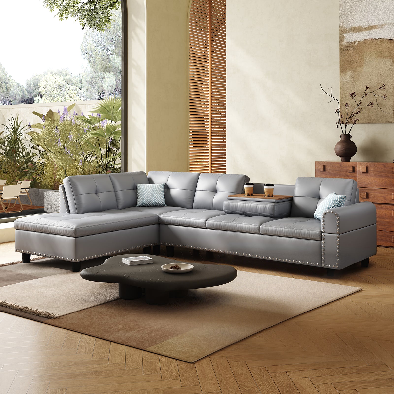 98" Leather Couch L-Shaped Modular – Convertible Sectional Couch with Movable Chaise, Multi-Scene Use for Living Room, Apartment & Office