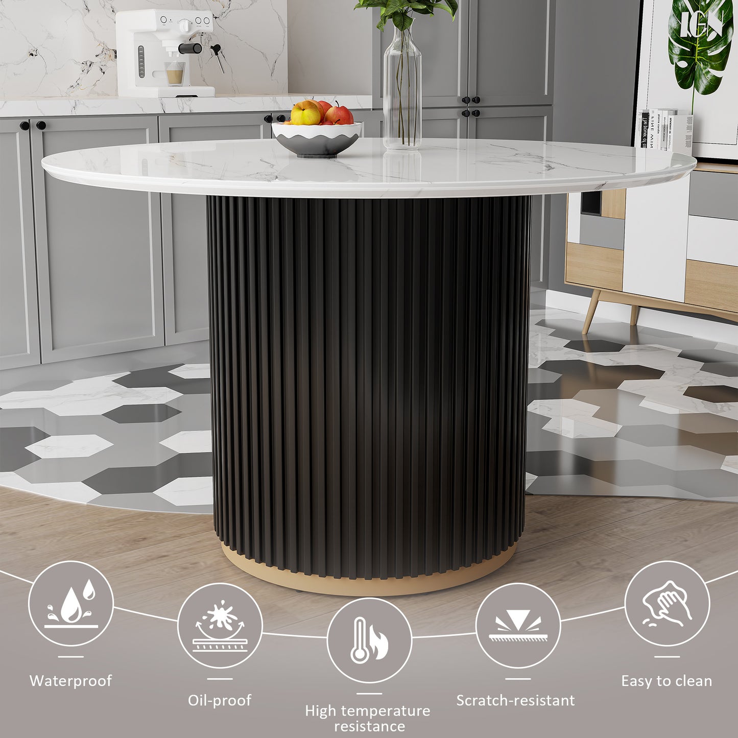 46 Inch Round Faux Marble Dining Table, MDF Base with Black Wave Design and Gold Accent - Seats 4 for Kitchen & Dining Room