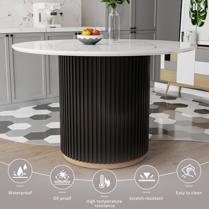 46 Inch Round Faux Marble Dining Table, MDF Base with Black Wave Design and Gold Accent - Seats 4 for Kitchen & Dining Room