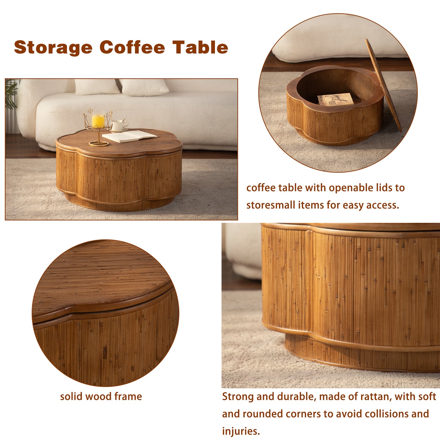 Plum-Blossom Flip-Top Rattan Storage Round Coffee Table