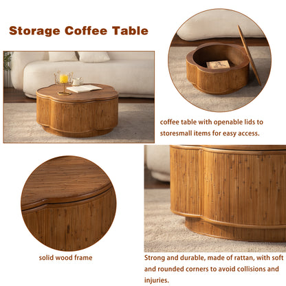 Plum-Blossom Flip-Top Rattan Storage Round Coffee Table