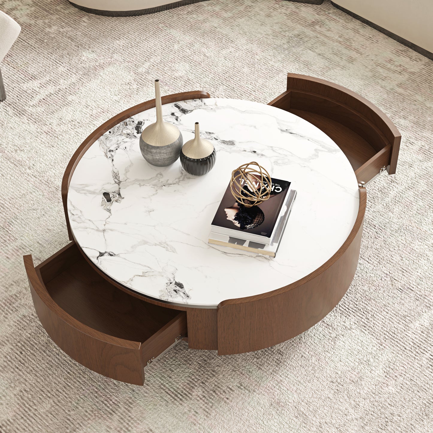 Walnut & Stone Round Coffee Table｜35.43" 2-Sided Curved Drawers