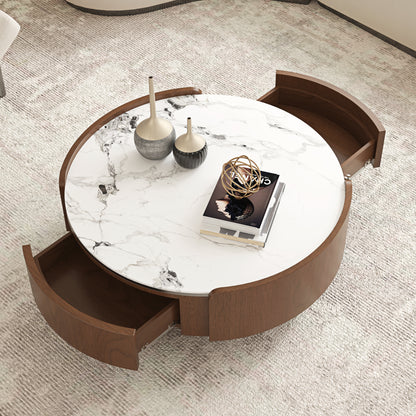 Walnut & Stone Round Coffee Table｜35.43" 2-Sided Curved Drawers