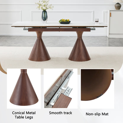 Extendable Stone-Top Dining Table: White marble-patterned tabletop with tapered metal legs