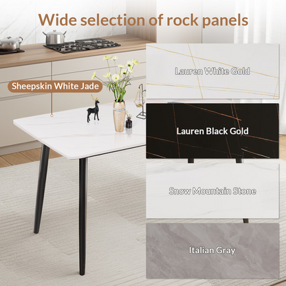 63 Inch Sintered Stone Dining Table, Gloss White Top with Carbon Steel Legs